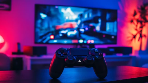 Game controller in neon lit living room gaming setup.