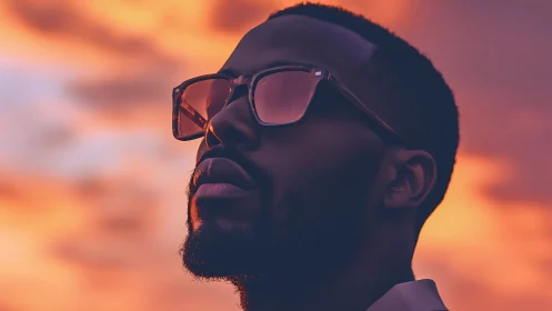 Stylized low-angle portrait merges warm bokeh sky gradients