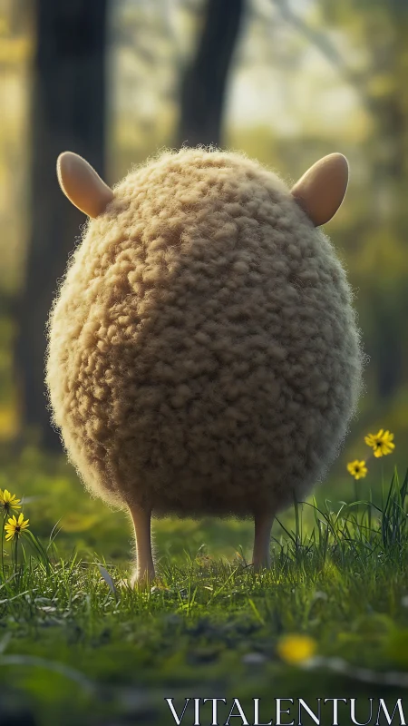 Fluffy spherical sheep rear view in soft forest backlight.