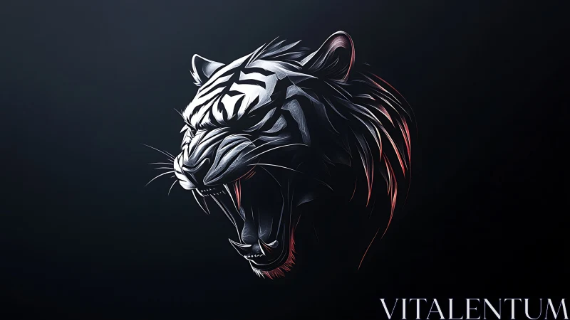 Stylized tiger head profile with open mouth on dark field.