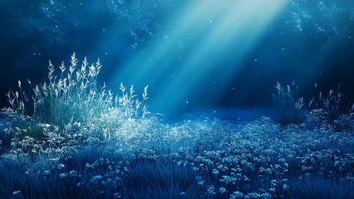 Moonlit meadow haloed in silver grass and drifting light.