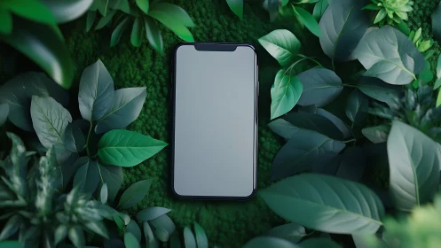 Smartphone screen lies centered amid dense glossy green foliage