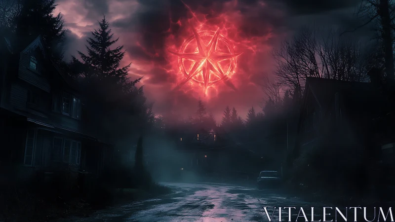Red luminous sigil forms in stormy sky above empty street