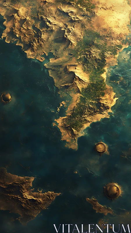 Golden fantasy coastline inviting ocean-washed daydreams.