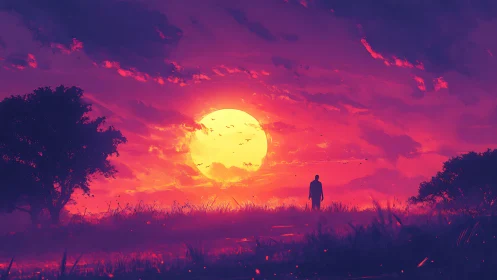 Solitary wanderer beneath radiant neon sunset sky.