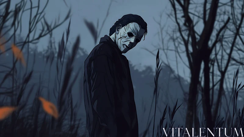 Masked figure in stylized dusk forest with high contrast shading