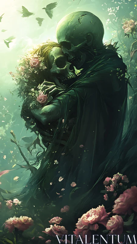 Eternal skeletal lovers wrapped in roses and soft green light.