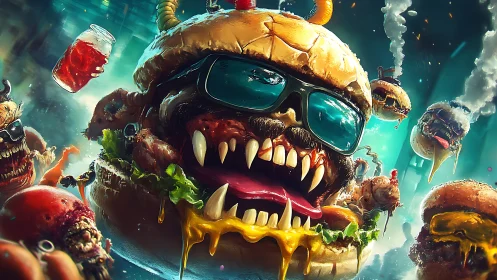 Mutated cheeseburger creatures with teeth in neon cityscape.