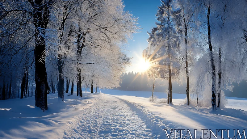 Snow-covered forest path illuminated by low winter sun