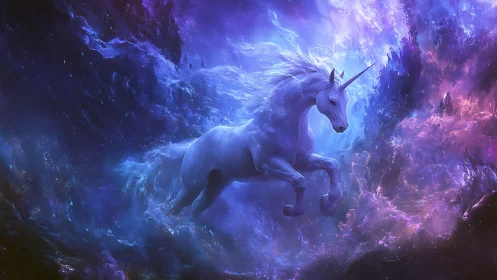 Starlit nebula unicorn sprinting through violet cosmic surf.