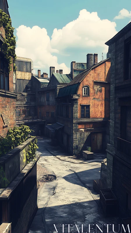 Sunlit industrial alleyway between weathered brick blocks.