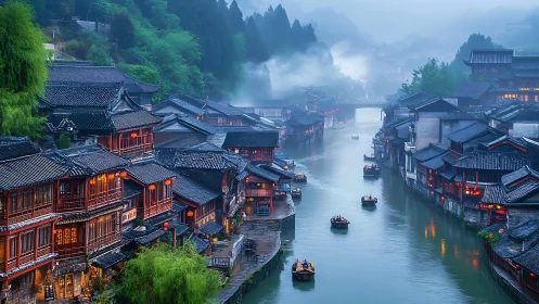 Misty riverside town glows softly as wooden boats drift by
