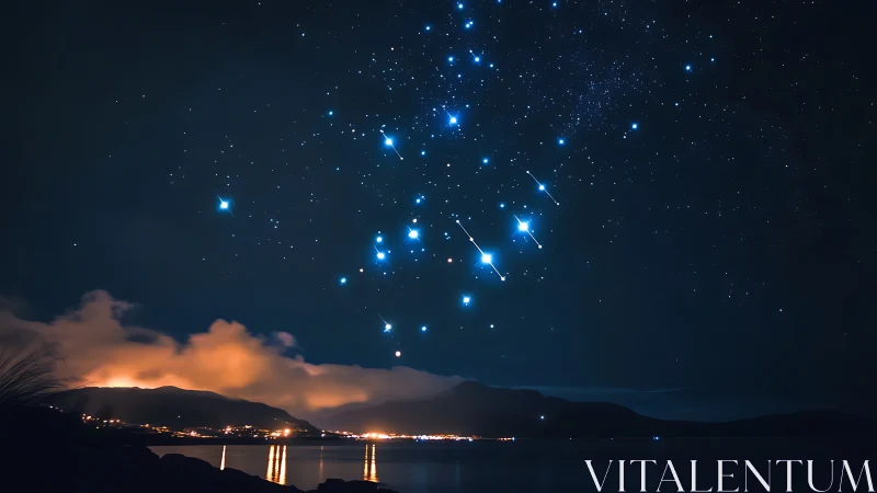 Long‑exposure star trails above illuminated coastal mountainscape