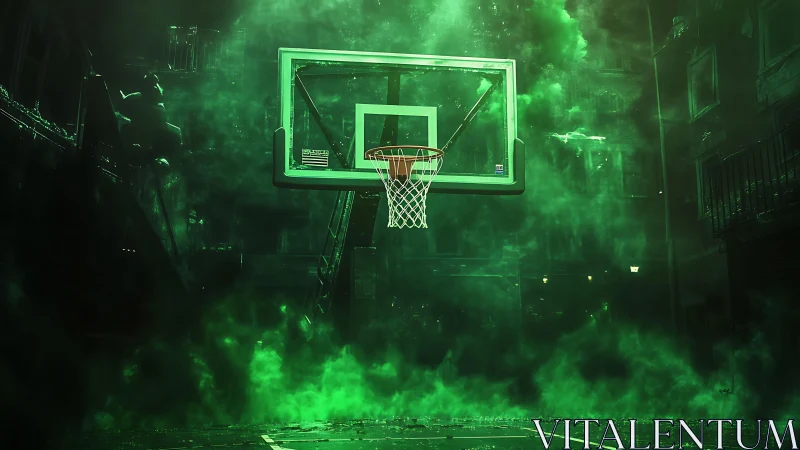 Cyberpunk street court hoop in irradiated neon haze environment.