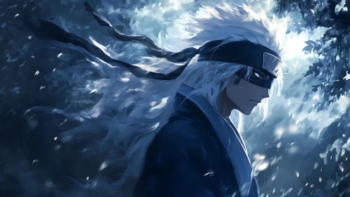 Stormlit warrior pauses in a quiet forest of swirling light