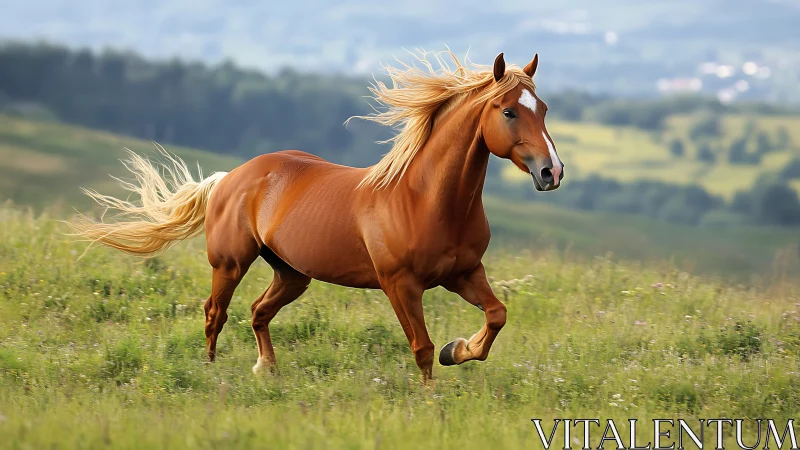 Chestnut horse running across green open hillside field.