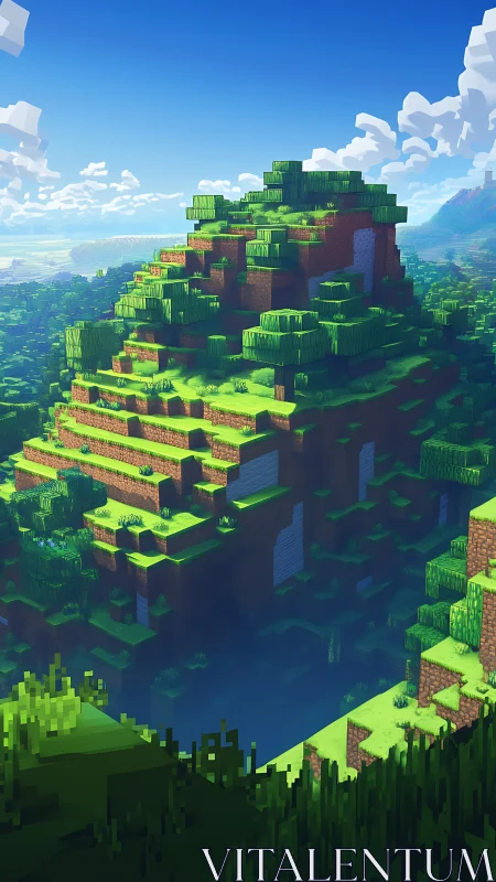Voxel mountain biome overlooking cubic forested valley lake