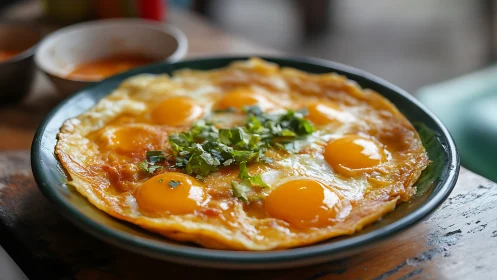Sunny skillet eggs with herbs on a rustic breakfast table.