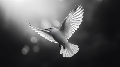 Luminous Dove in Flight: Monochromatic Serenity.