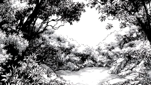 Monochromatic Riverside Landscape: Ink Drawing with Tonal Depth.