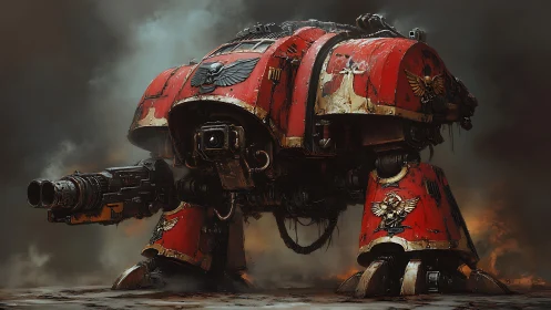 Battle-scarred red war mech standing strong in smoky light.