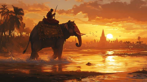 Elephant rider crosses a glowing river at a temple sunrise