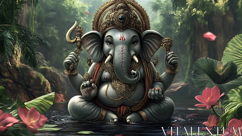 Divine Ganesha idol glows amid lush lotus-filled jungle pool.
