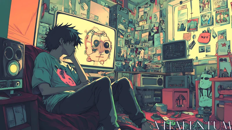 Melancholic teen in cluttered retro-tech bedroom, neon glow