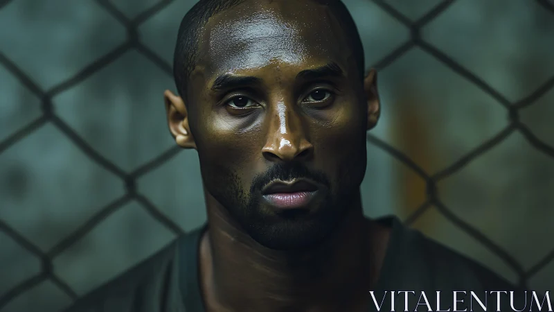 Locked-in determination behind the chain-link fence portrait.