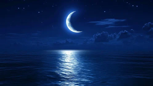 Crescent moon over calm ocean under deep blue night sky.