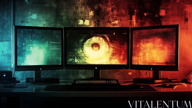 Triple monitor command center glows with cyberpunk energy