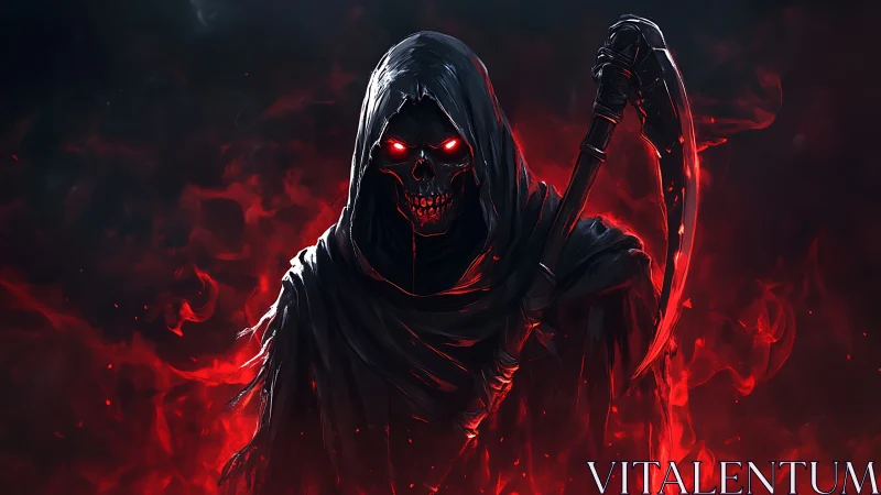 Eerie reaper in crimson flames with glowing ember eyes.