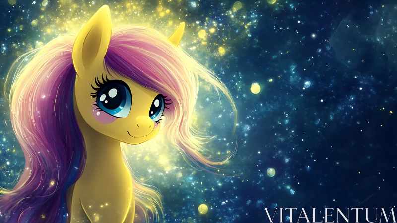 Sparkling pastel pony smiles softly in a dreamy starlit sky