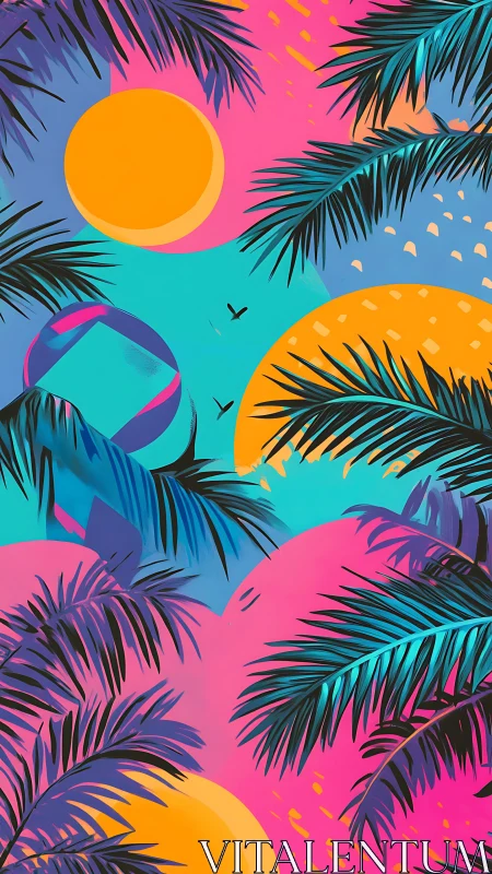Vibrant tropical palms with bold suns and neon sky.