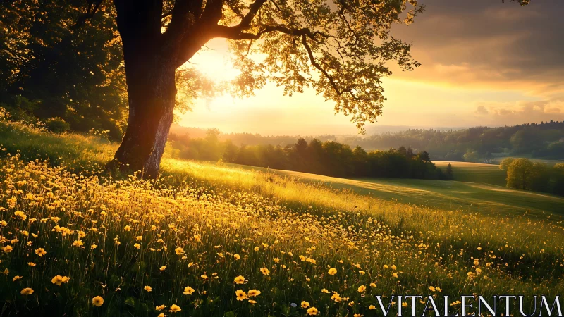 Golden meadow at sunset under large tree on hillside.