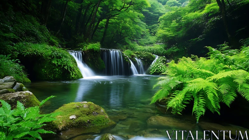 Lush forest waterfall cascades into a tranquil emerald pool.