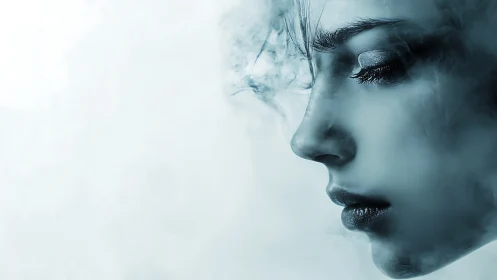 Surreal portrait of woman in misty blue tones, digital art style.