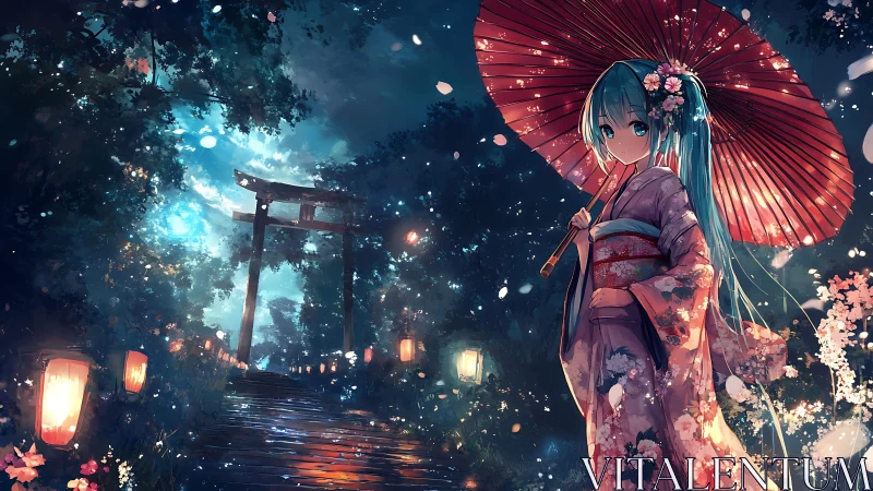 Moonlit kimono stroll welcomes gentle night by lantern light