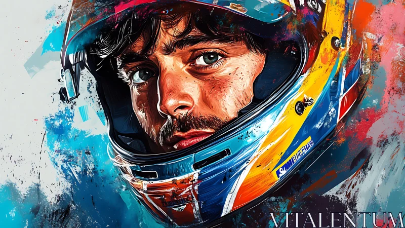 Racing driver portrait in expressive digital paint helmet study.