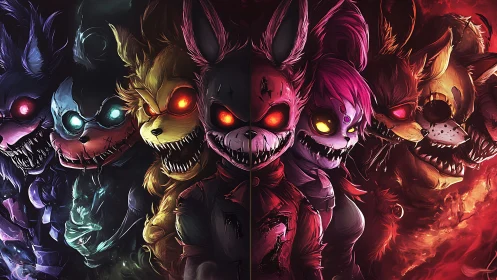 Demonic animatronic lineup glows with split neon lighting.