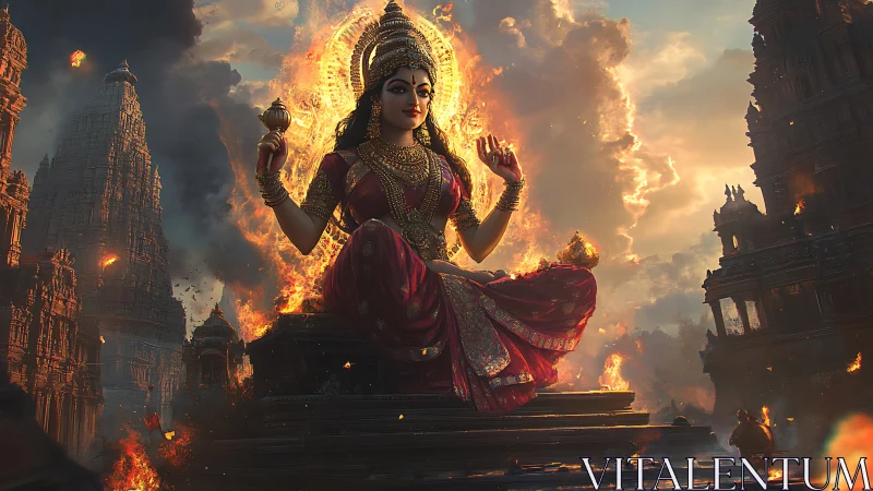 Divine goddess avatar radiates power amid burning temple city