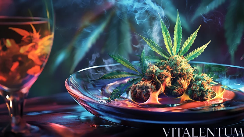 Cannabis buds on glass dish with flames and smoke focus.