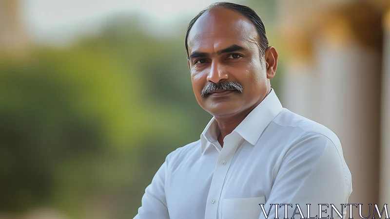 Confident middle-aged man in white shirt outdoors portrait.