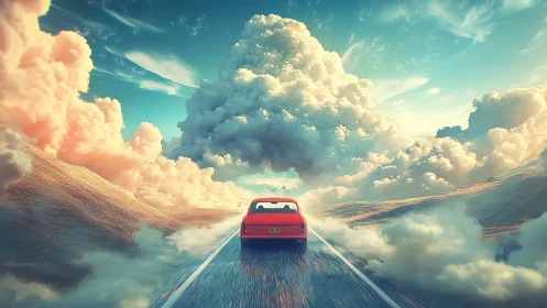 Red car drives along reflective road toward dense cumulus formation