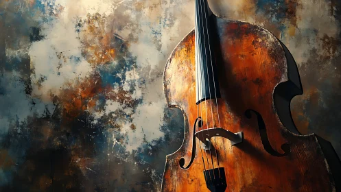 Weathered double bass stands before textured abstract wall