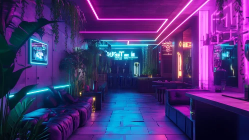 Neon lounge corridor with tropical greenery and glossy seating.
