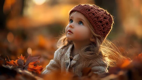 Young child in knitted hat sitting among autumn leaves.