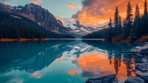 Mountain lake with conifer forest and reflective sunset sky.
