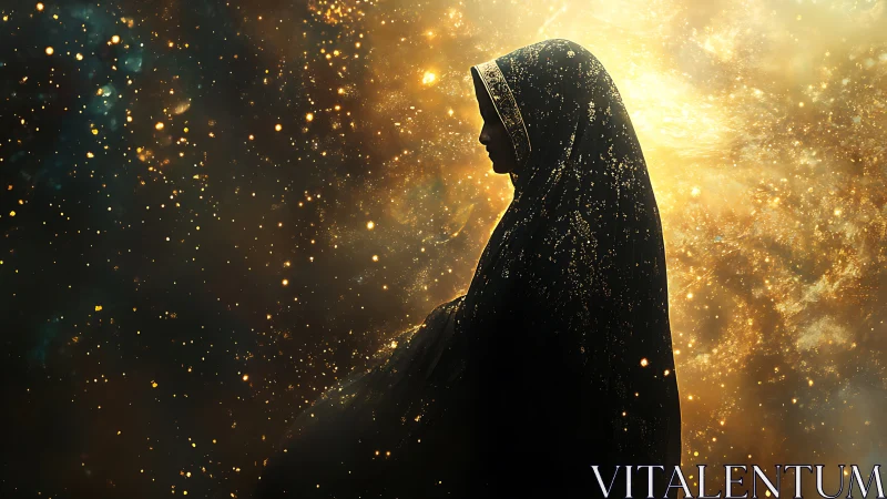 Silhouetted veiled figure framed by dense cosmic particle field