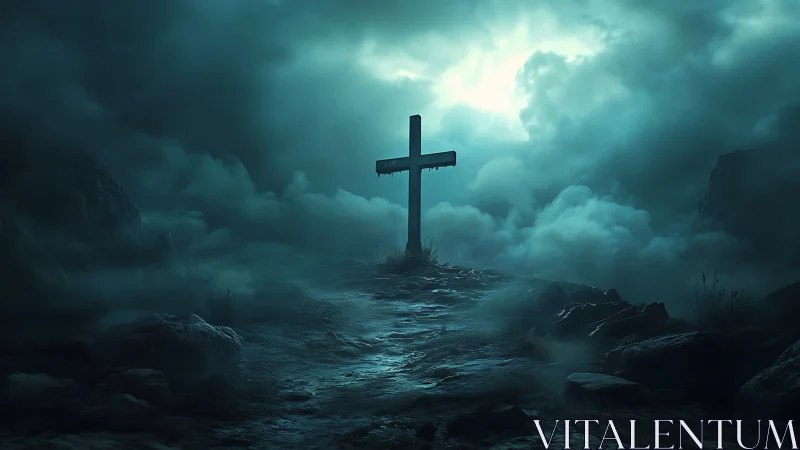 Lone wooden cross over misty path under stormlit sky.